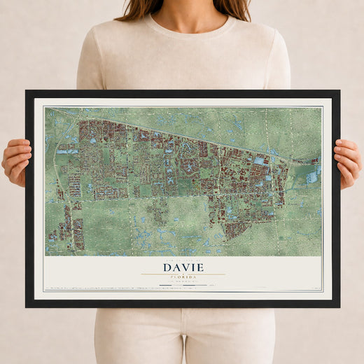 Map of Davie, Florida, 12 x 18 inch print in a black wood frame