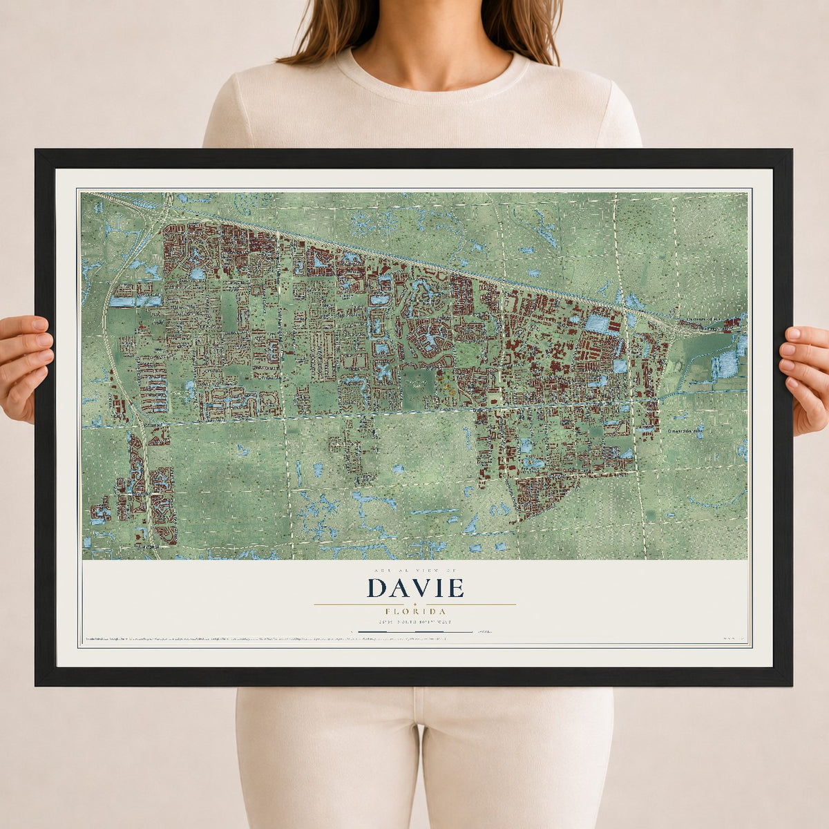 Davie, Florida map print, 18" x 24" W/ Black Ayous Wood Frame mockup
