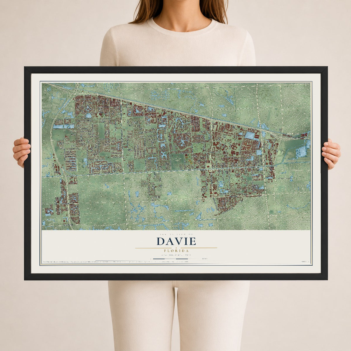 Davie, Florida map print, 24" x 36" W/ Black Ayous Wood Frame mockup