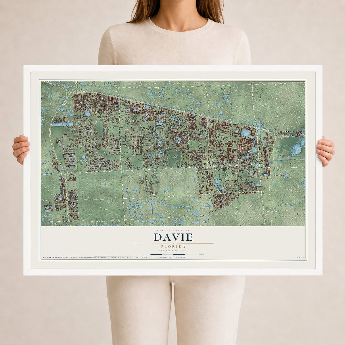 Davie, Florida map print, 24" x 36" W/ White Ayous Wood Frame mockup