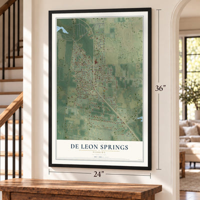 De Leon Springs, Florida map, 24 x 36 inch print in a black frame by a staircase