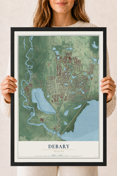 DeBary, Florida map print, 18" x 24" W/ Black Ayous Wood Frame mockup