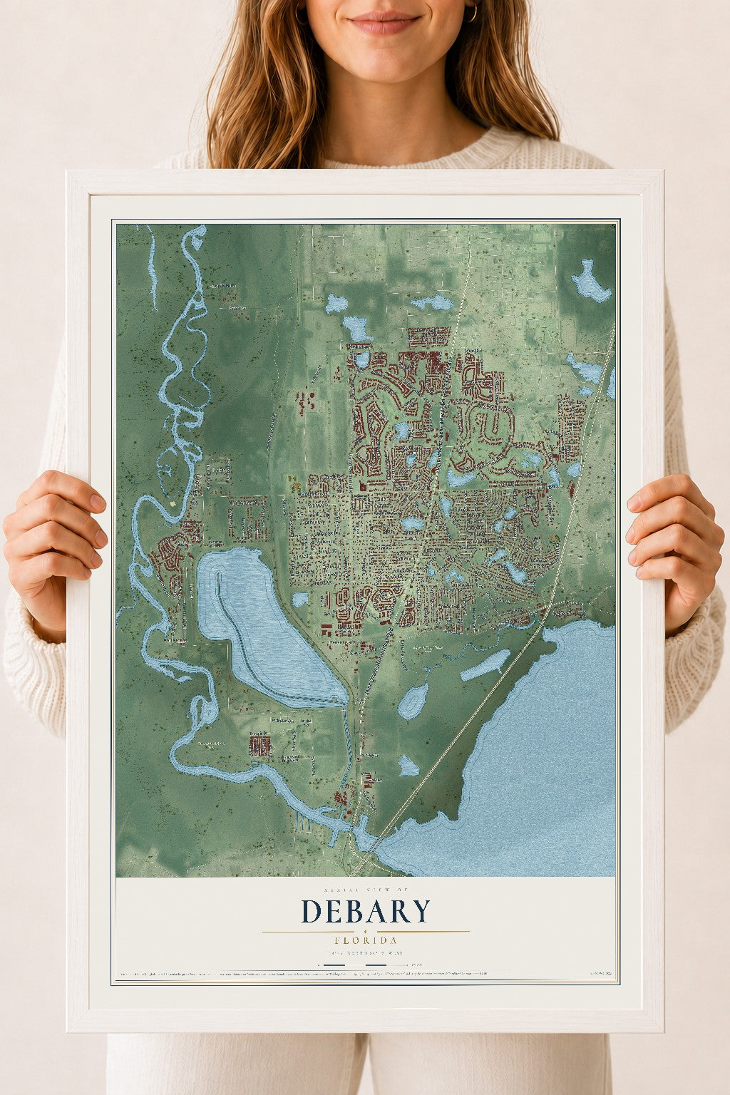 DeBary, Florida map print, 18" x 24" W/ White Ayous Wood Frame mockup