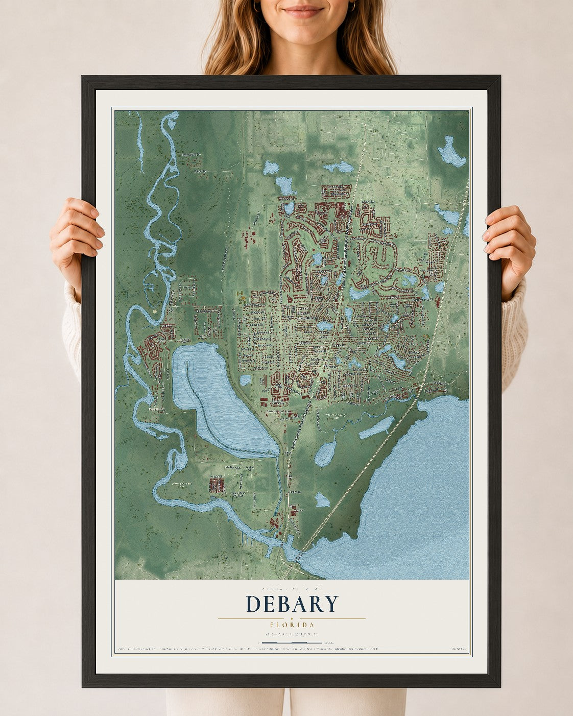 DeBary, Florida map print, 24" x 36" W/ Black Ayous Wood Frame mockup