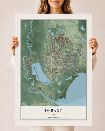 DeBary, Florida map print, 24" x 36" W/ White Ayous Wood Frame mockup