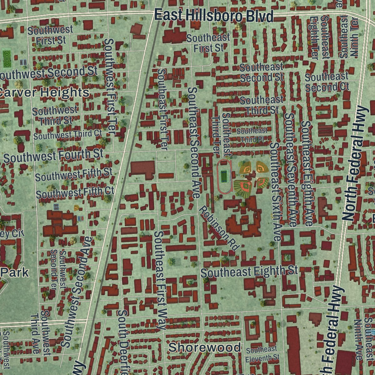 Close-up 2 of the Deerfield Beach, Florida map artwork