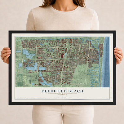 Deerfield Beach, Florida map print, 12" x 18" W/ Black Ayous Wood Frame mockup