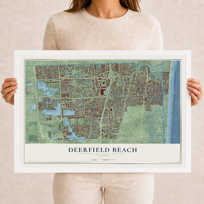 Deerfield Beach, Florida map print, 12" x 18" W/ White Ayous Wood Frame mockup