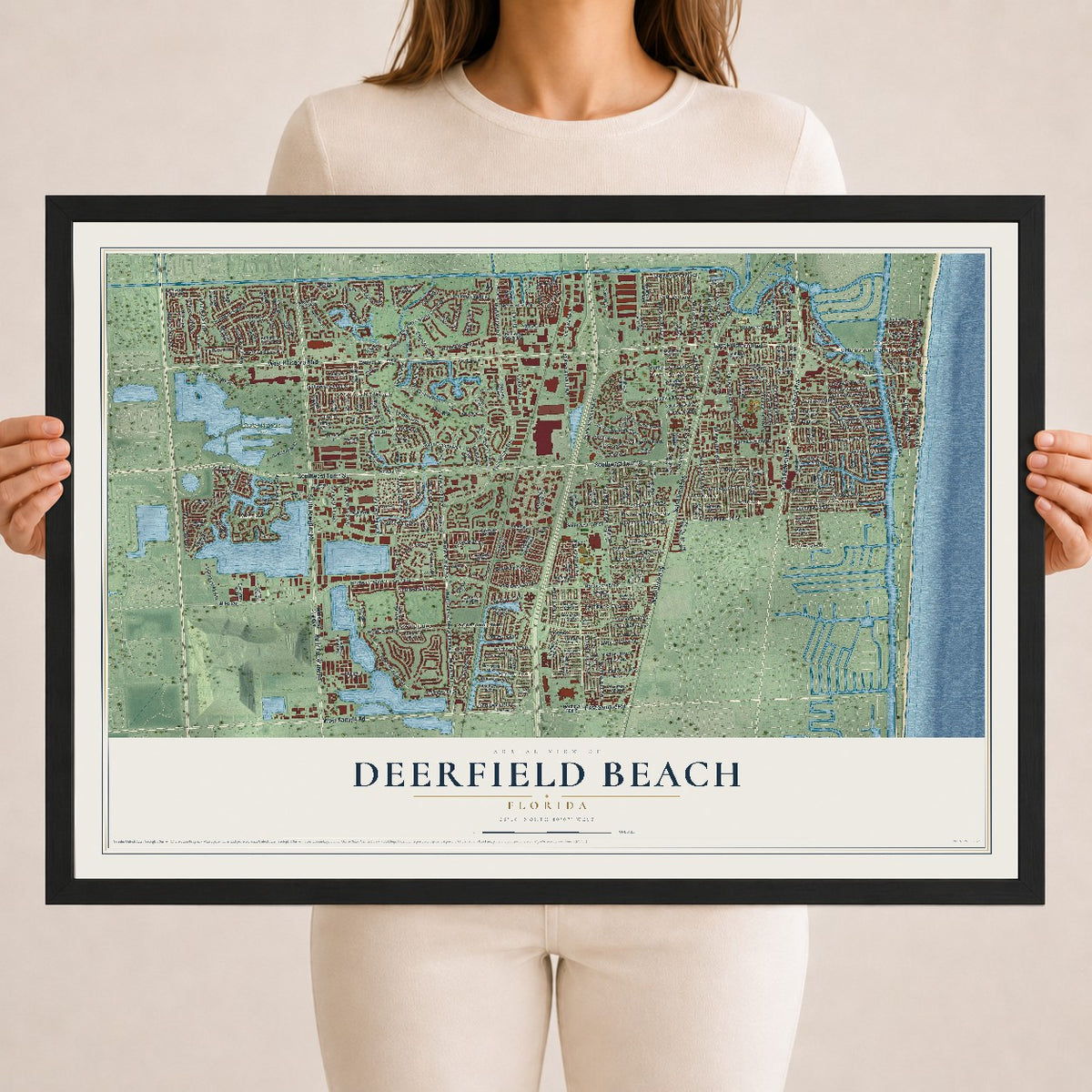 Deerfield Beach, Florida map print, 18" x 24" W/ Black Ayous Wood Frame mockup