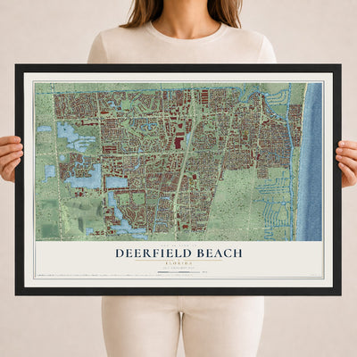 Deerfield Beach, Florida map print, 18" x 24" W/ Black Ayous Wood Frame mockup