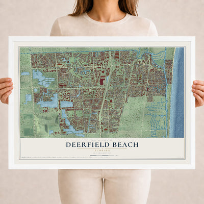 Deerfield Beach, Florida map print, 18" x 24" W/ White Ayous Wood Frame mockup