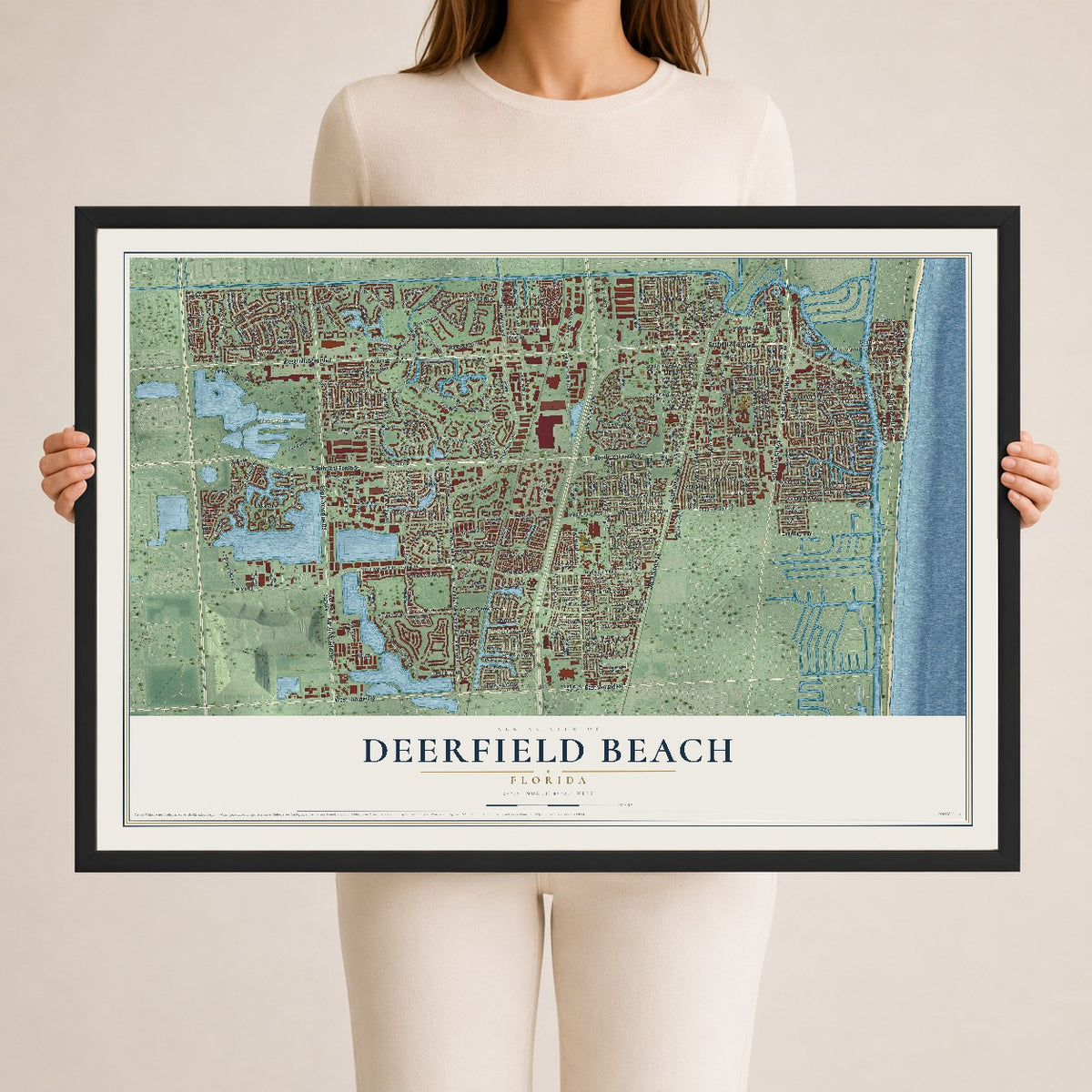 Deerfield Beach, Florida map print, 24" x 36" W/ Black Ayous Wood Frame mockup