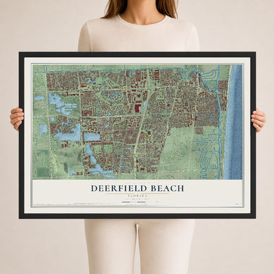 Deerfield Beach, Florida map print, 24" x 36" W/ Black Ayous Wood Frame mockup