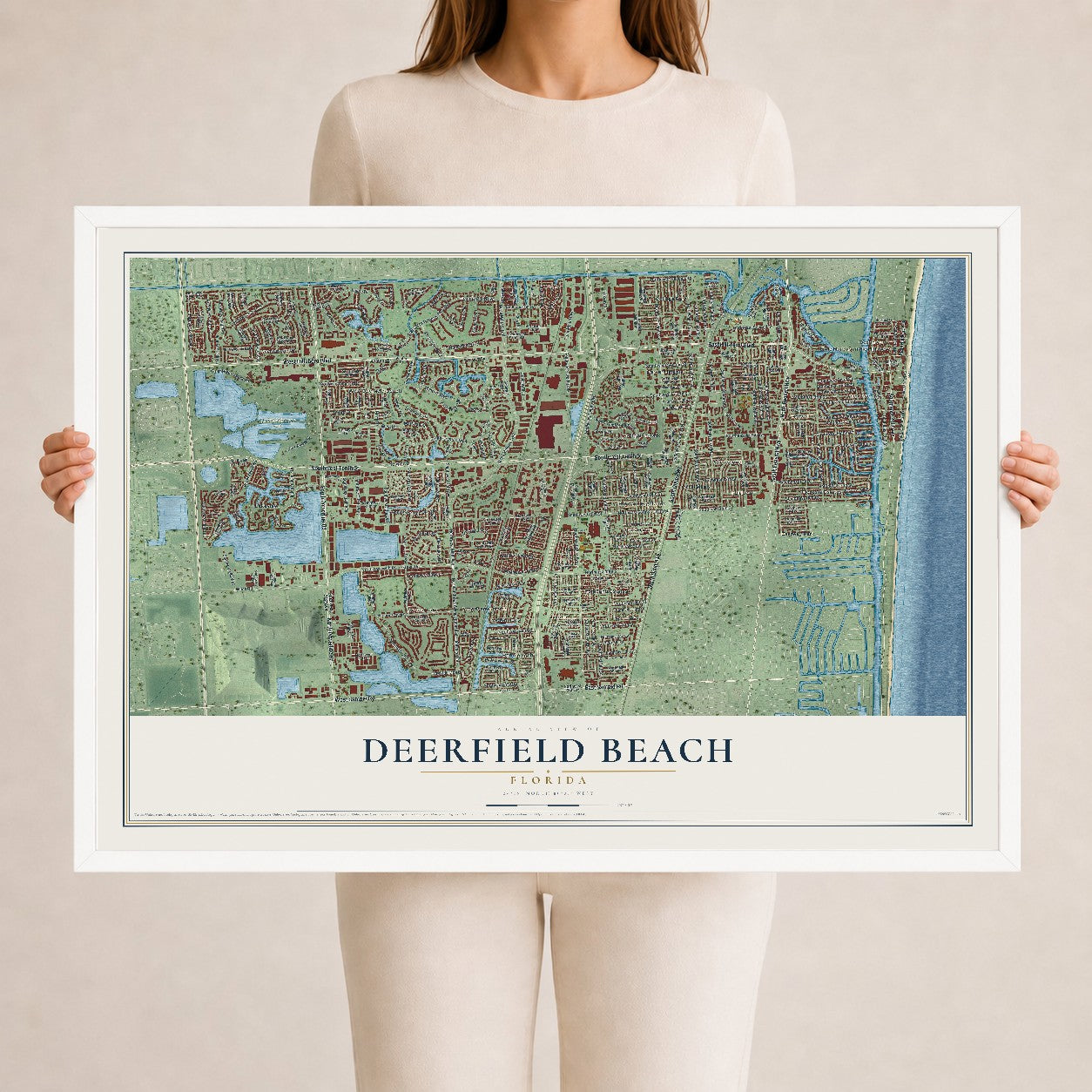 Deerfield Beach, Florida map print, 24" x 36" W/ White Ayous Wood Frame mockup