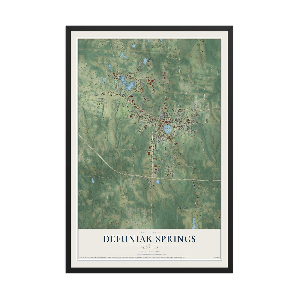 DeFuniak Springs, Florida map print, 12" x 18" W/ Black Ayous Wood Frame mockup