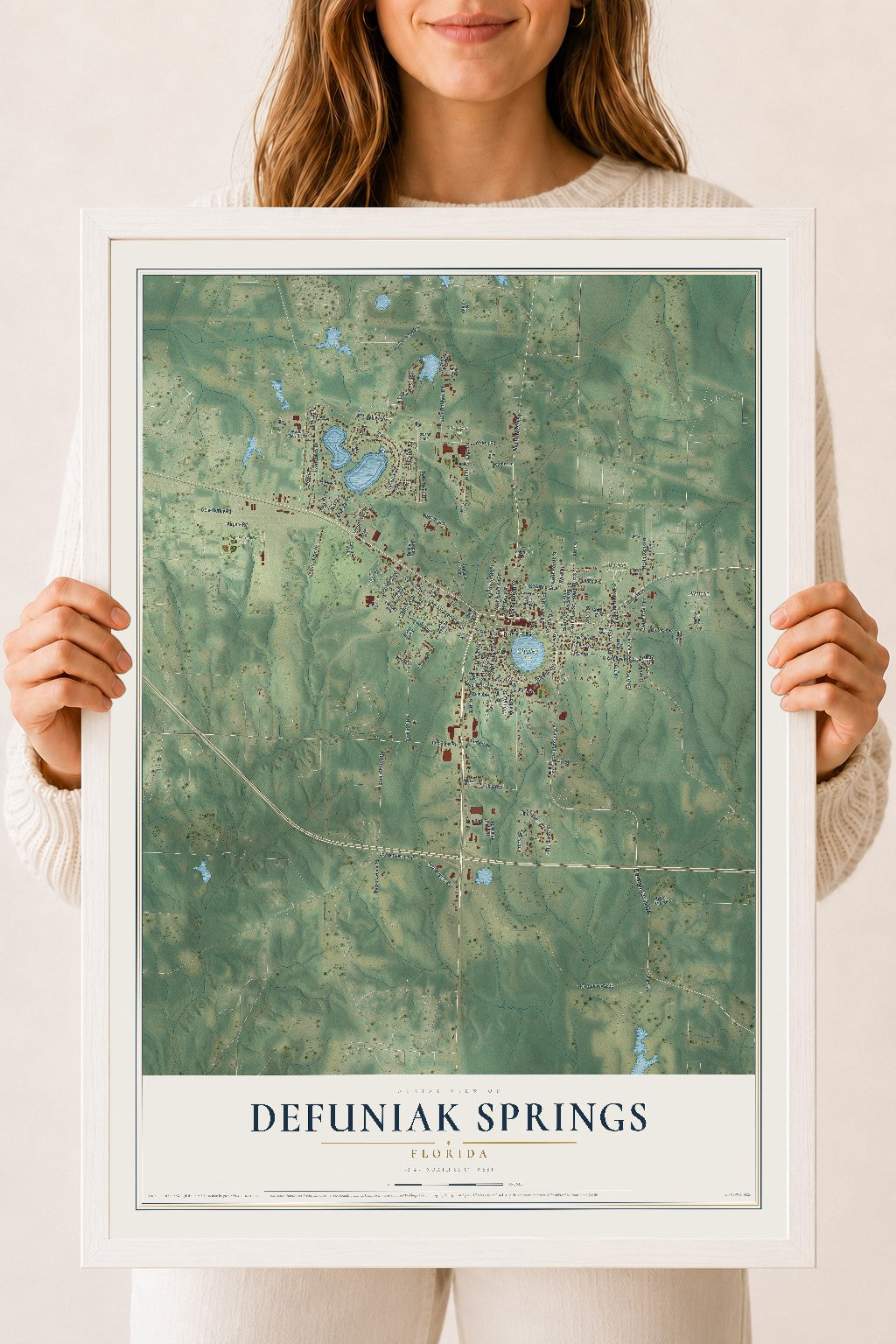 DeFuniak Springs, Florida map print, 18" x 24" W/ White Ayous Wood Frame mockup