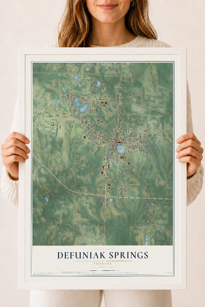 DeFuniak Springs, Florida map print, 18" x 24" W/ White Ayous Wood Frame mockup
