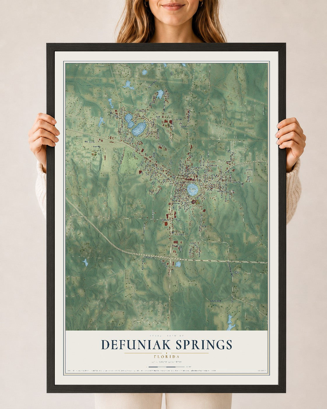 DeFuniak Springs, Florida map print, 24" x 36" W/ Black Ayous Wood Frame mockup