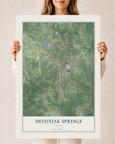 DeFuniak Springs, Florida map print, 24" x 36" W/ White Ayous Wood Frame mockup
