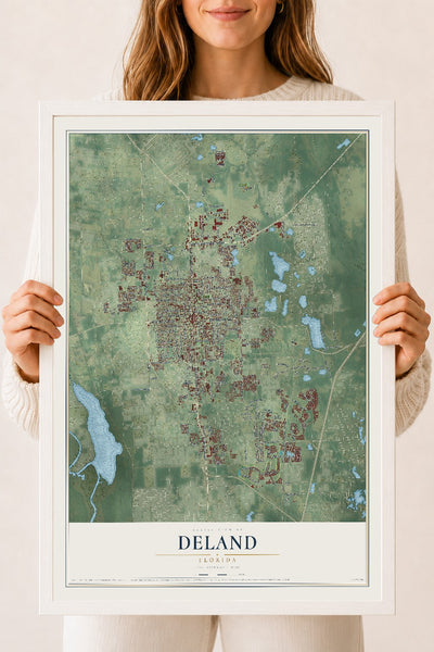 DeLand, Florida map print, 18" x 24" W/ White Ayous Wood Frame mockup