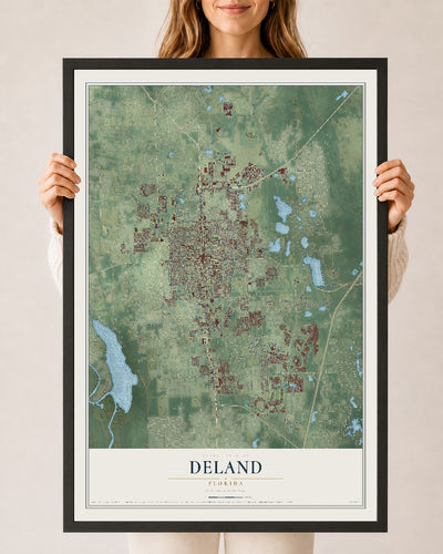 DeLand, Florida map print, 24" x 36" W/ Black Ayous Wood Frame mockup