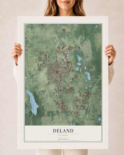 DeLand, Florida map print, 24" x 36" W/ White Ayous Wood Frame mockup