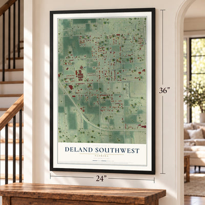 DeLand Southwest, Florida map, 24 x 36 inch print in a black frame by a staircase