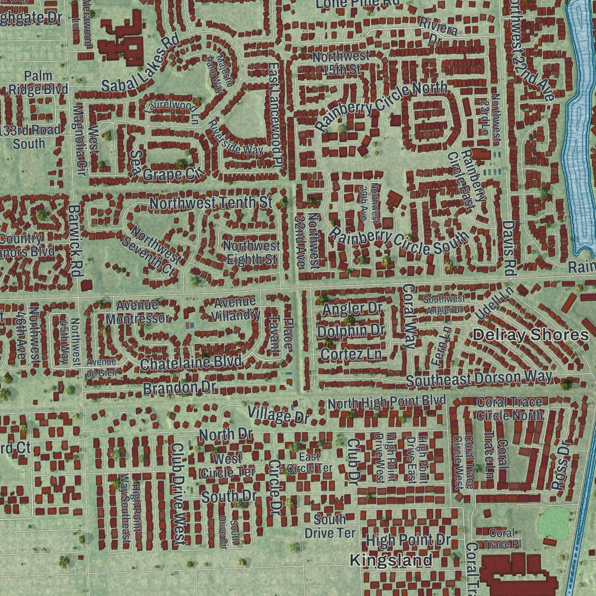 Close-up 2 of the Delray Beach, Florida map artwork