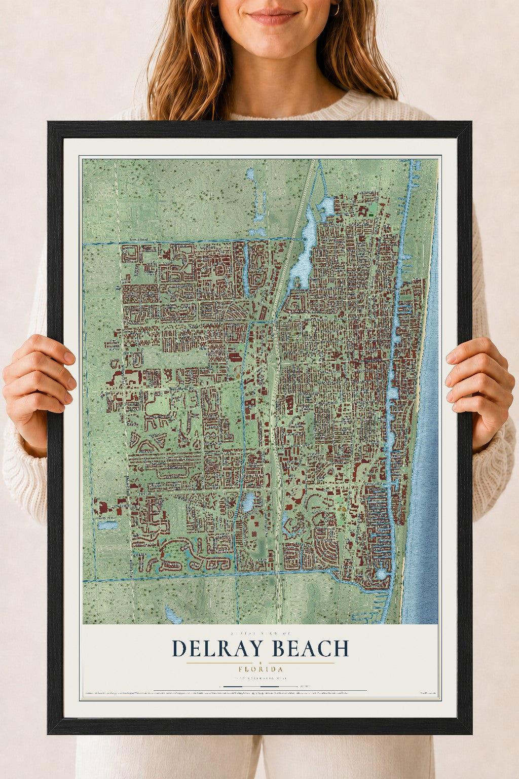 Delray Beach, Florida map print, 18" x 24" W/ Black Ayous Wood Frame mockup
