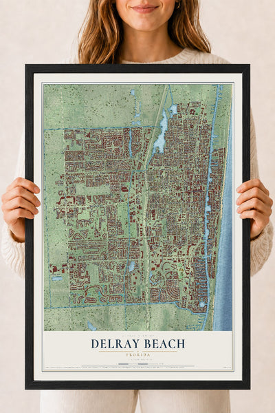 Delray Beach, Florida map print, 18" x 24" W/ Black Ayous Wood Frame mockup