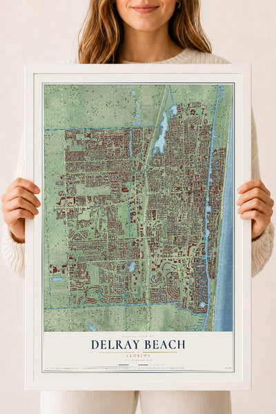 Delray Beach, Florida map print, 18" x 24" W/ White Ayous Wood Frame mockup