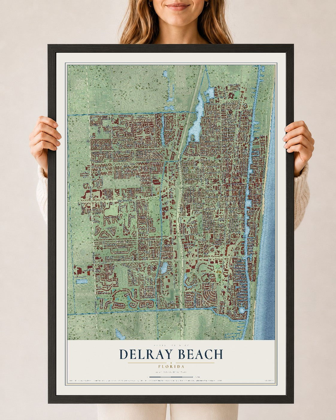 Delray Beach, Florida map print, 24" x 36" W/ Black Ayous Wood Frame mockup