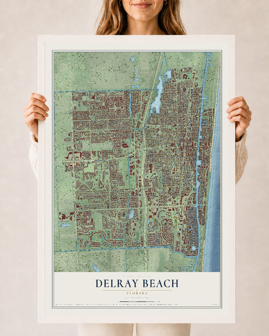Delray Beach, Florida map print, 24" x 36" W/ White Ayous Wood Frame mockup
