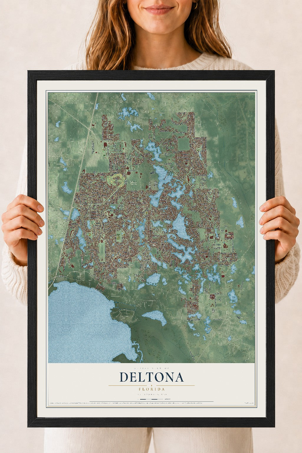 Deltona, Florida map print, 18" x 24" W/ Black Ayous Wood Frame mockup