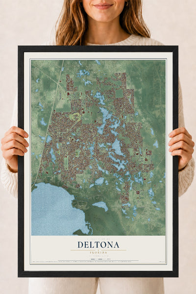 Deltona, Florida map print, 18" x 24" W/ Black Ayous Wood Frame mockup