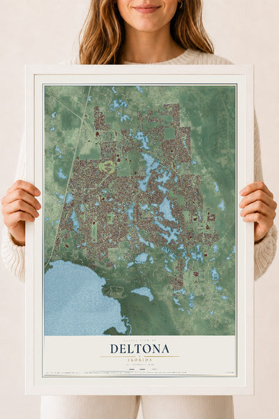Deltona, Florida map print, 18" x 24" W/ White Ayous Wood Frame mockup
