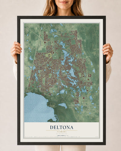 Deltona, Florida map print, 24" x 36" W/ Black Ayous Wood Frame mockup
