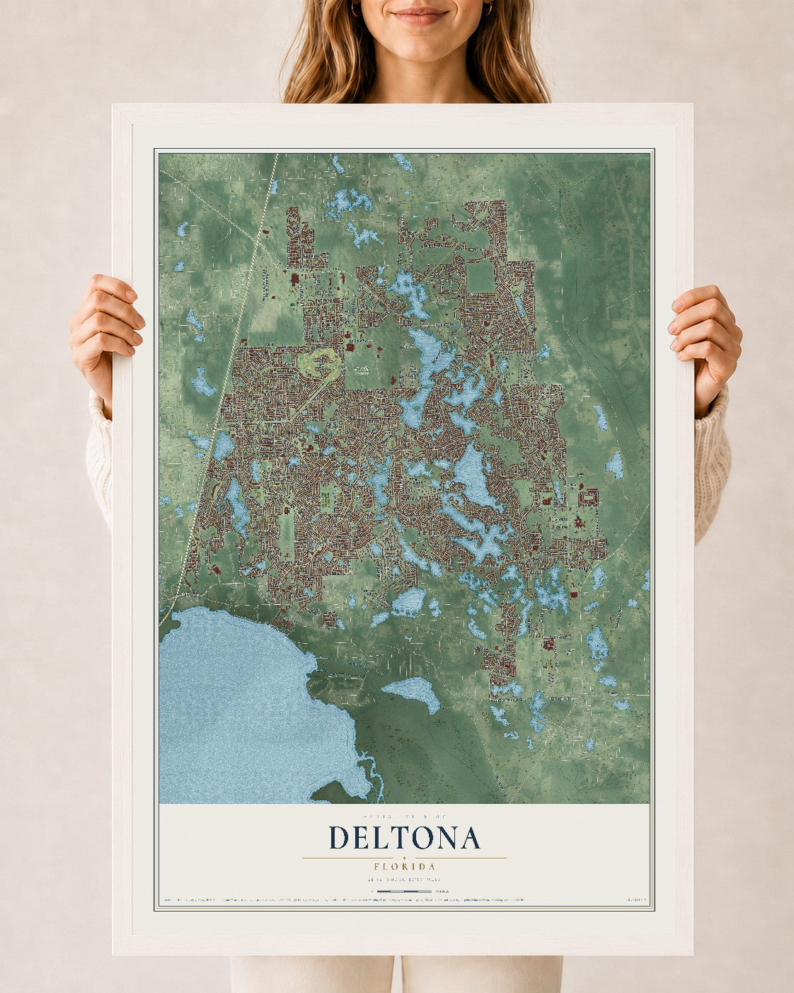 Deltona, Florida map print, 24" x 36" W/ White Ayous Wood Frame mockup