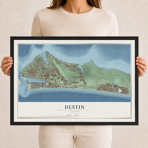 Map of Destin, Florida, 12 x 18 inch print in a black wood frame