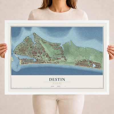 Destin, Florida map print, 18" x 24" W/ White Ayous Wood Frame mockup