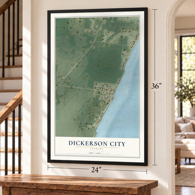 Dickerson City, Florida map, 24 x 36 inch print in a black frame by a staircase