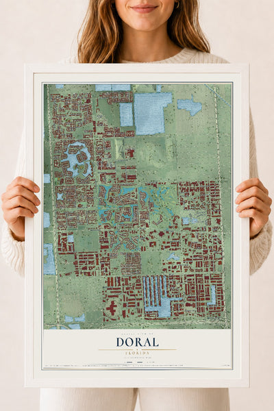 Doral, Florida map print, 18" x 24" W/ White Ayous Wood Frame mockup
