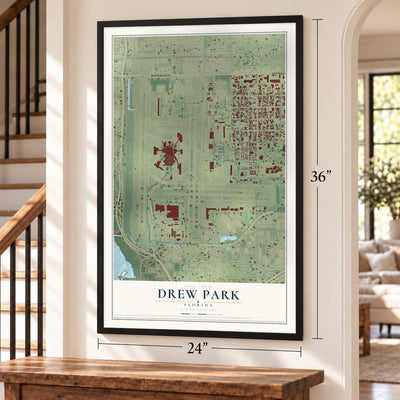 Drew Park, Florida map, 24 x 36 inch print in a black frame by a staircase