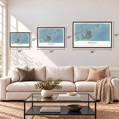 Duck Key, Florida map in 12 x 18, 18 x 24 and 24 x 36 inch sizes above a sofa