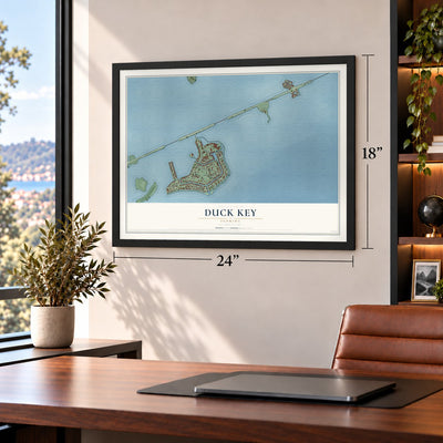 Duck Key, Florida map, 18 x 24 inch print in a black frame in a home office