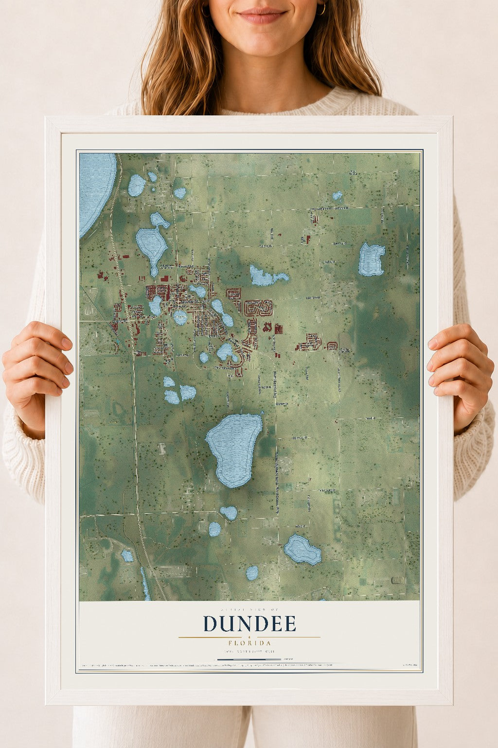 Dundee, Florida map print, 18" x 24" W/ White Ayous Wood Frame mockup