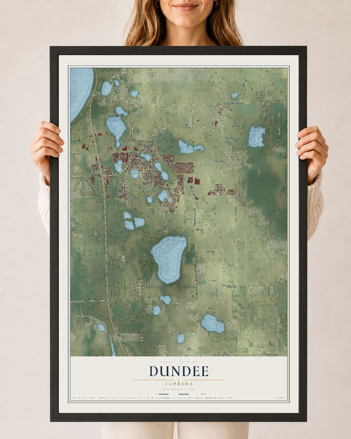 Dundee, Florida map print, 24" x 36" W/ Black Ayous Wood Frame mockup