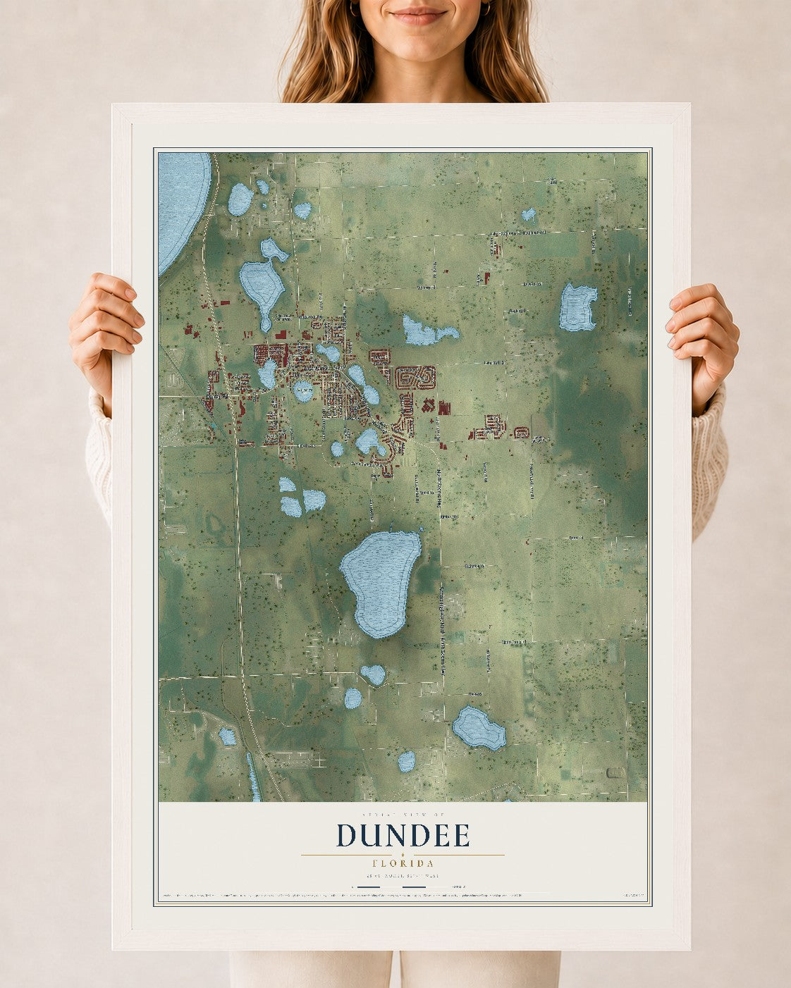 Dundee, Florida map print, 24" x 36" W/ White Ayous Wood Frame mockup