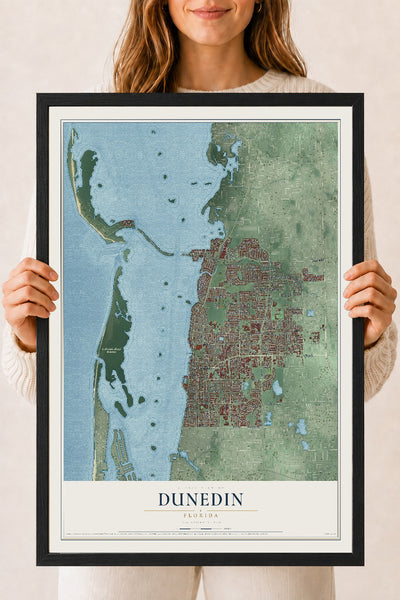 Dunedin, Florida map print, 18" x 24" W/ Black Ayous Wood Frame mockup