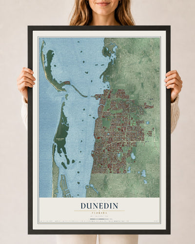 Dunedin, Florida map print, 24" x 36" W/ Black Ayous Wood Frame mockup